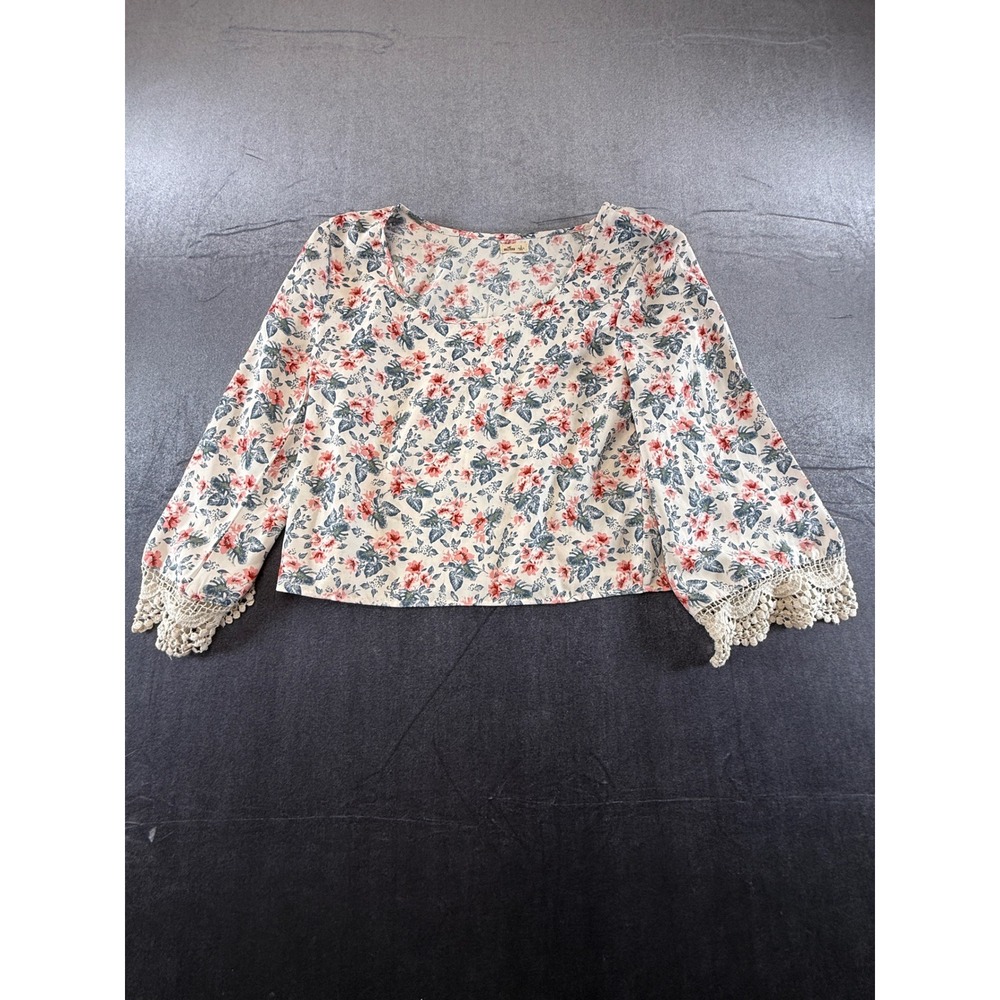 Hollister Floral Long Sleeve Top Cream Pink Blue Crochet Lace Cuff Blouse Small